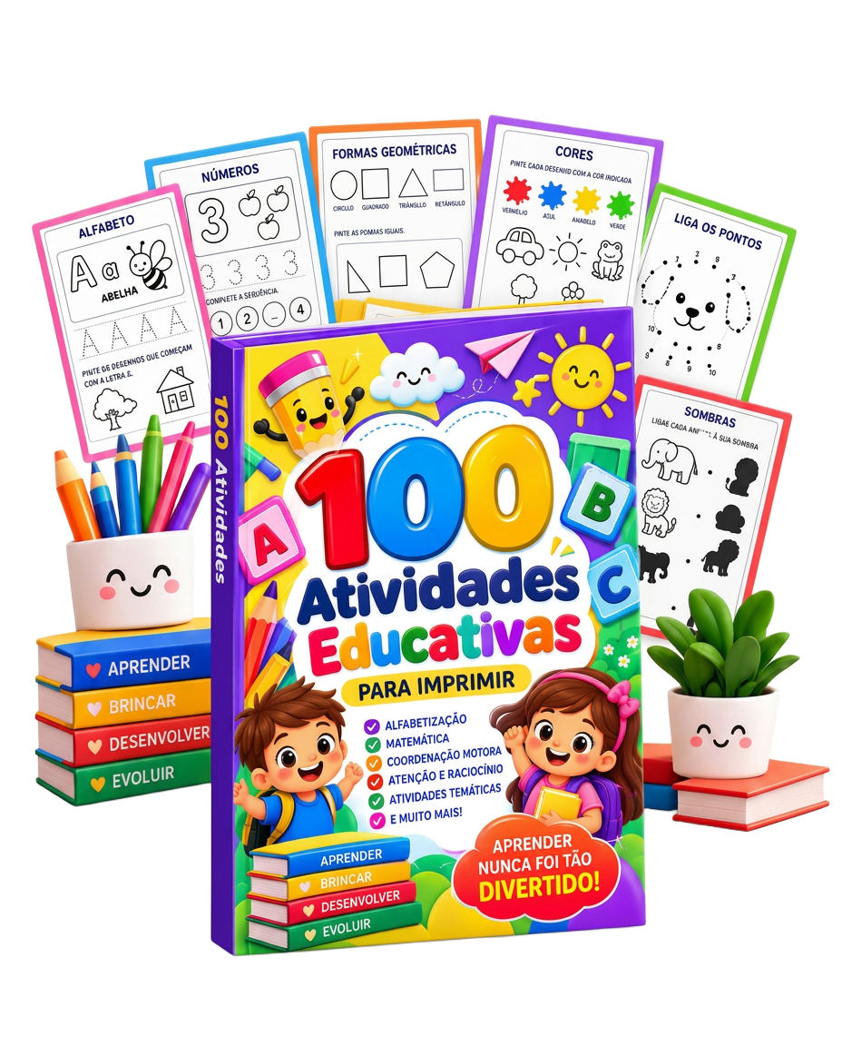 Páginas internas do material com atividades de alfabeto, números, formas e cores